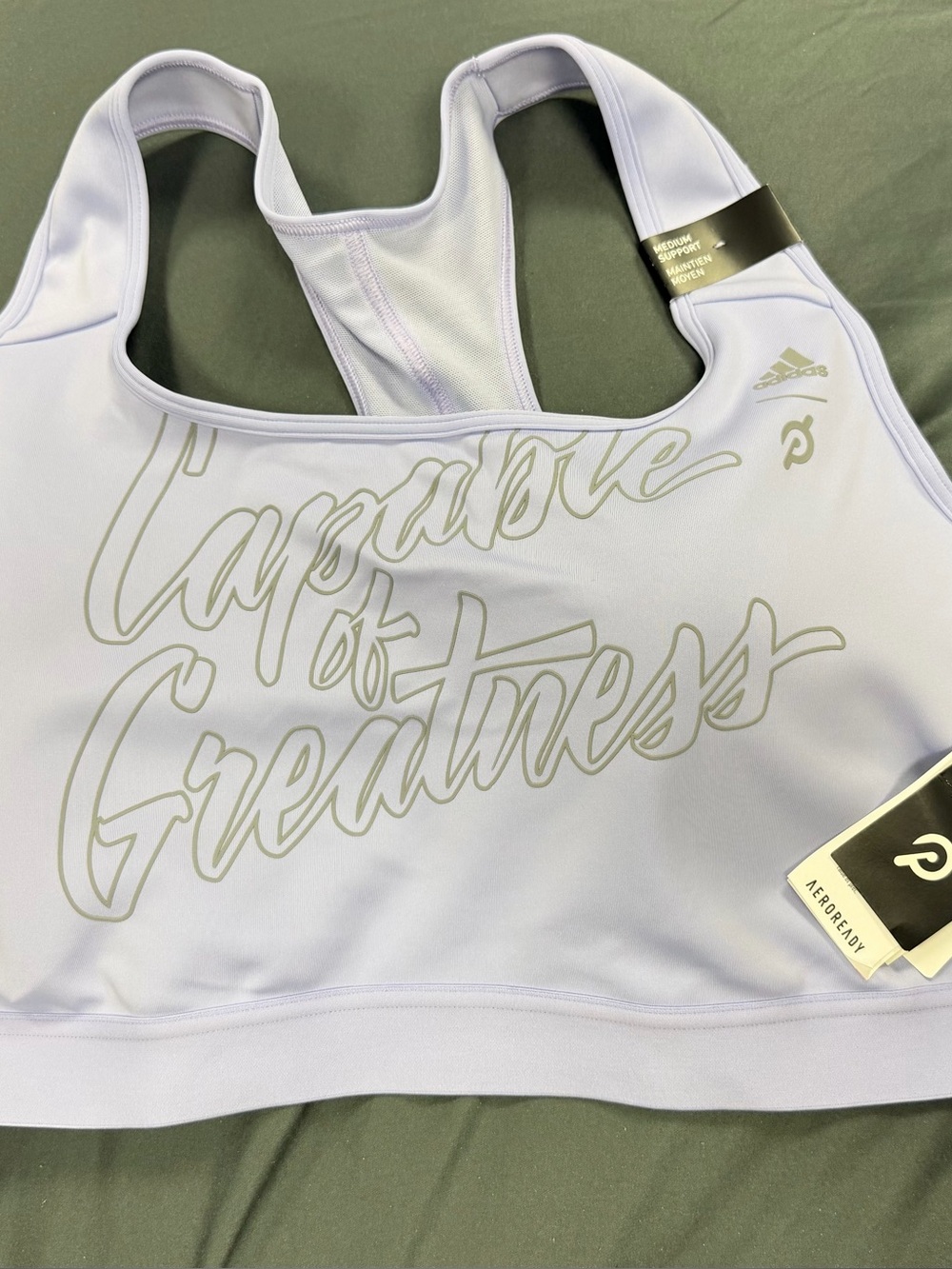 adidas Lilac Racerback Sports Bra with 'Capable of Greatness' Print